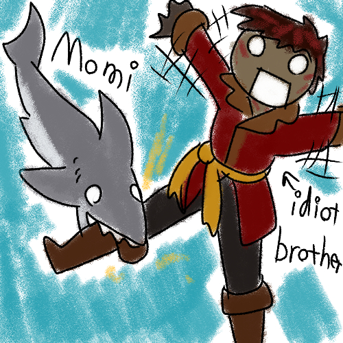a scribbled drawing of a juvenile shark biting hazel's leg. hazel is labeled as 'idiot brother', and the shark is labeled as 'momi'